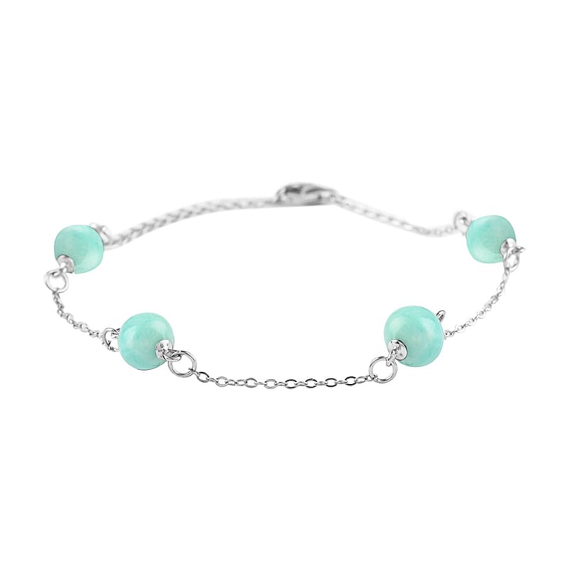 Amazonite Station Bracelet in Rhodium Over Sterling Silver (7.50-9.0In) 18.50 ctw