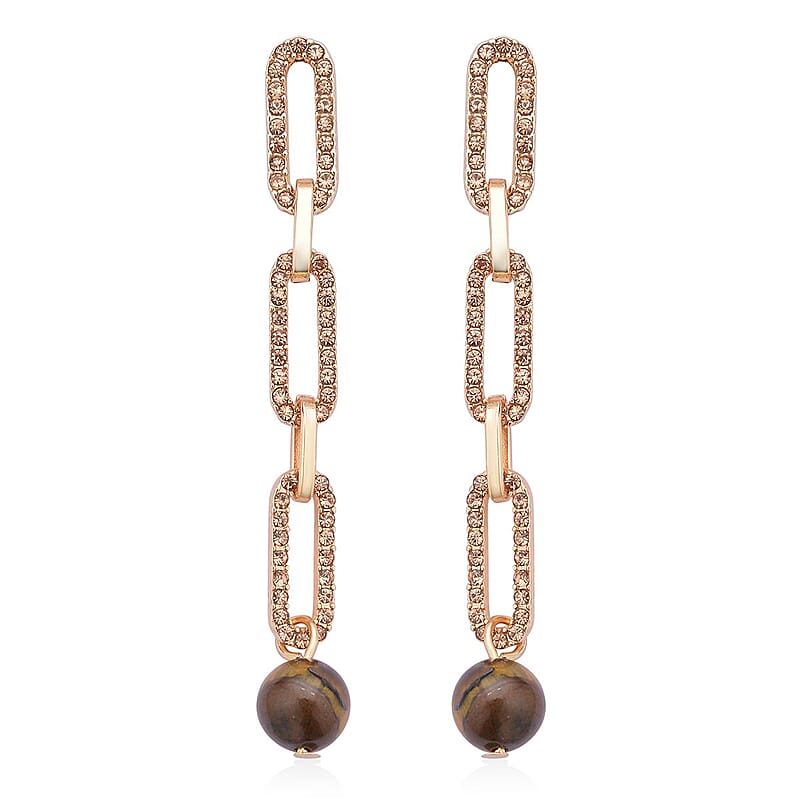 Yellow Tiger's Eye and Champagne Austrian Crystal Paper Clip Earrings in Goldtone 6.00 ctw