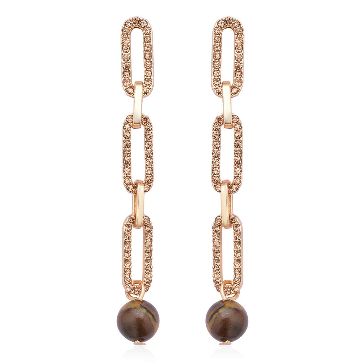 Yellow Tiger's Eye and Champagne Austrian Crystal Paper Clip Earrings in Goldtone 6.00 ctw image number 0