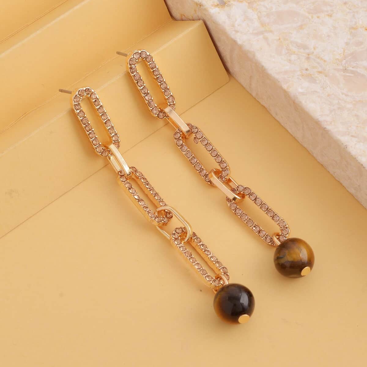 Doorbuster South African Yellow Tiger's Eye and Champagne Austrian Crystal Paper Clip Earrings in Goldtone 6.00 ctw image number 1