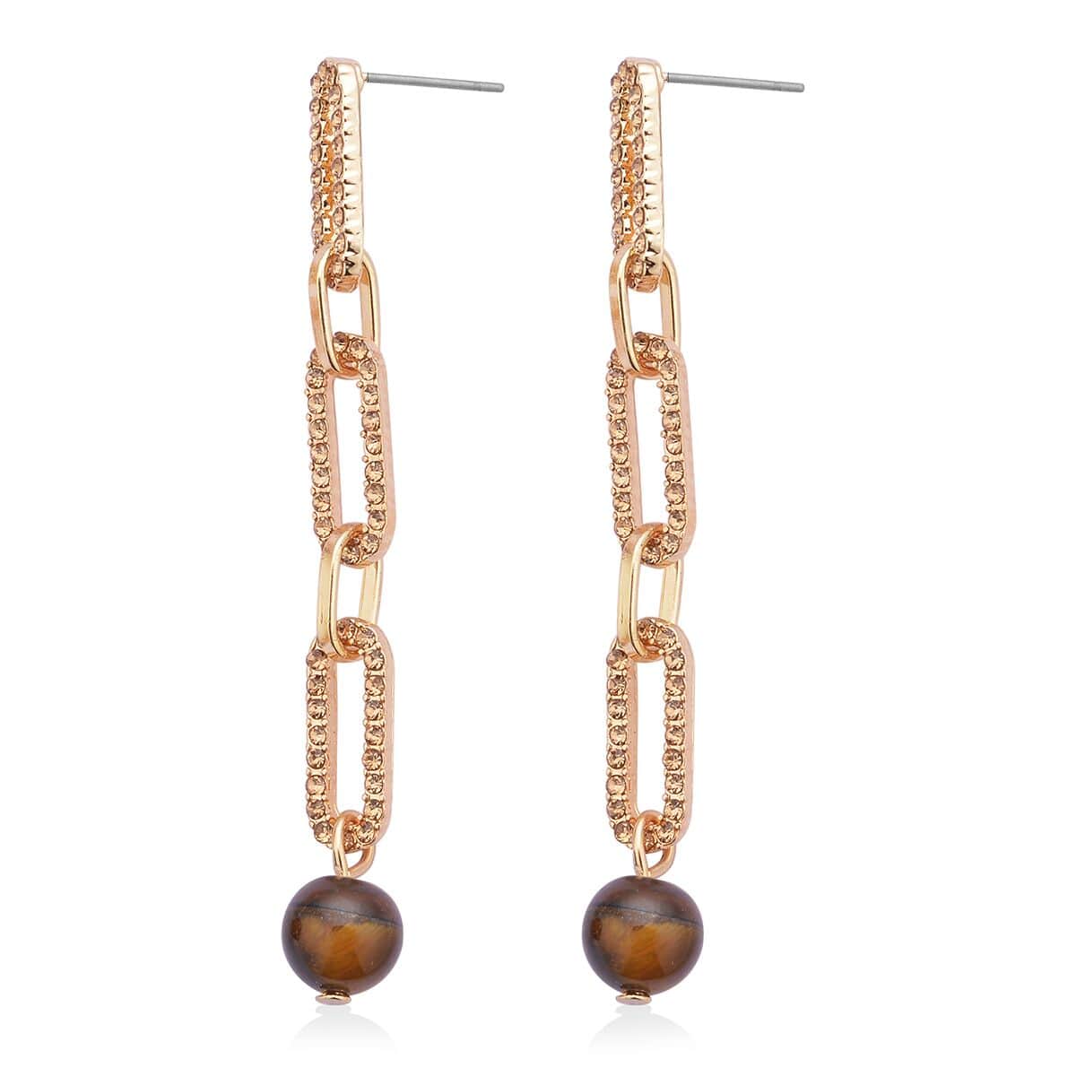 Yellow Tiger's Eye and Champagne Austrian Crystal Paper Clip Earrings in Goldtone 6.00 ctw image number 3