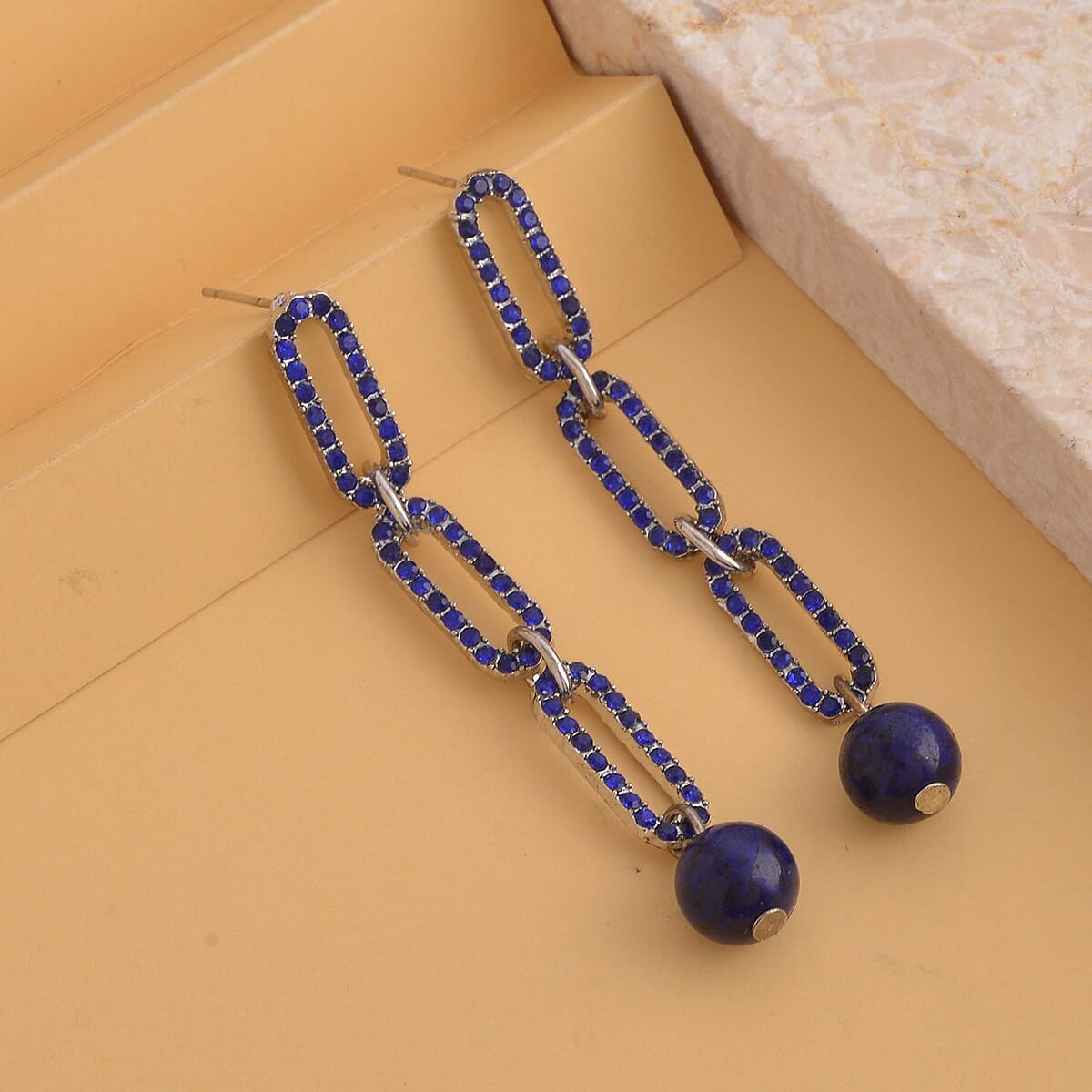 Lapis Lazuli and Pink Austrian Crystal Paper Clip Earrings in Silvertone 6.00 ctw image number 1