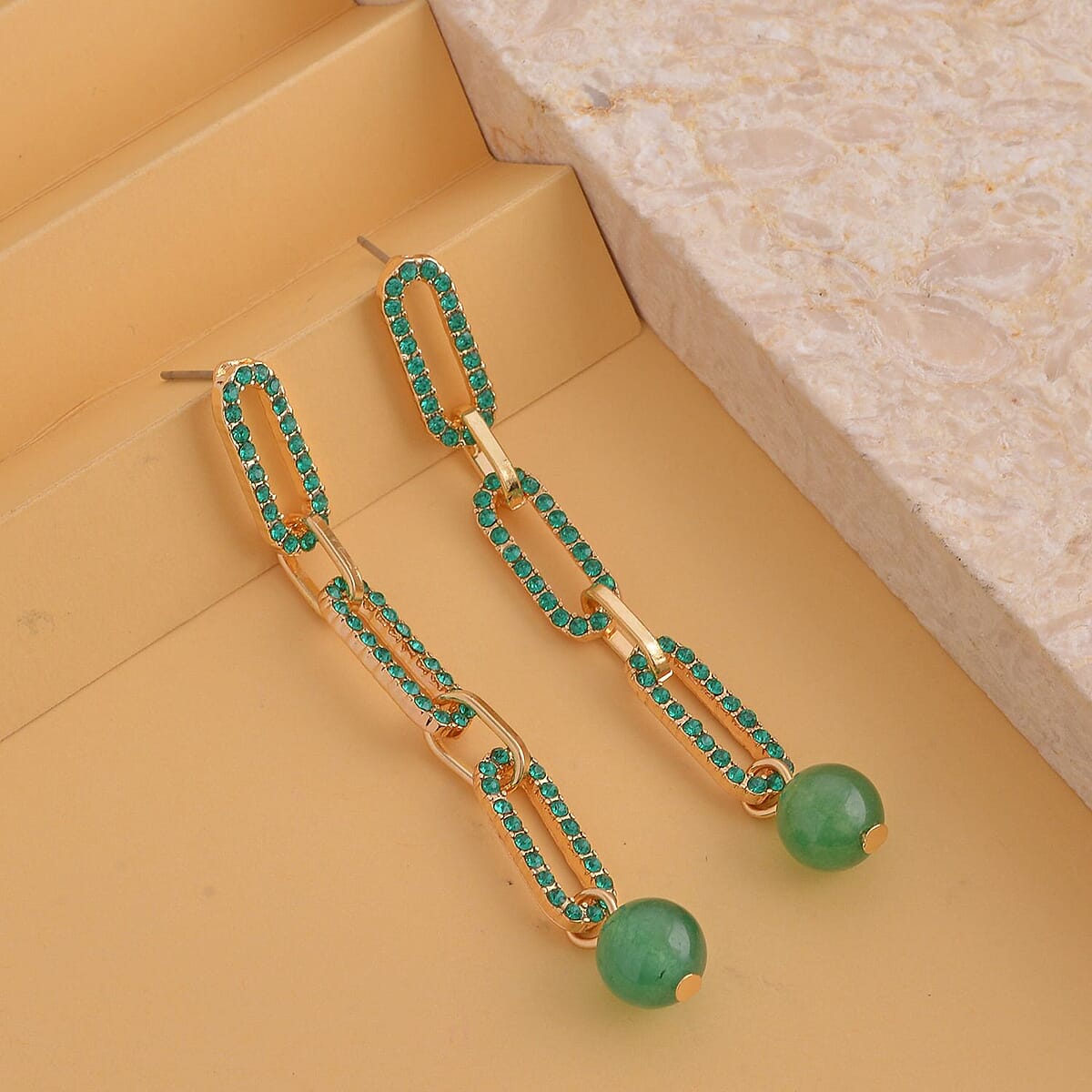 Green Aventurine and Neon Green Austrian Crystal Paper Clip Earrings in Goldtone 6.00 ctw image number 1