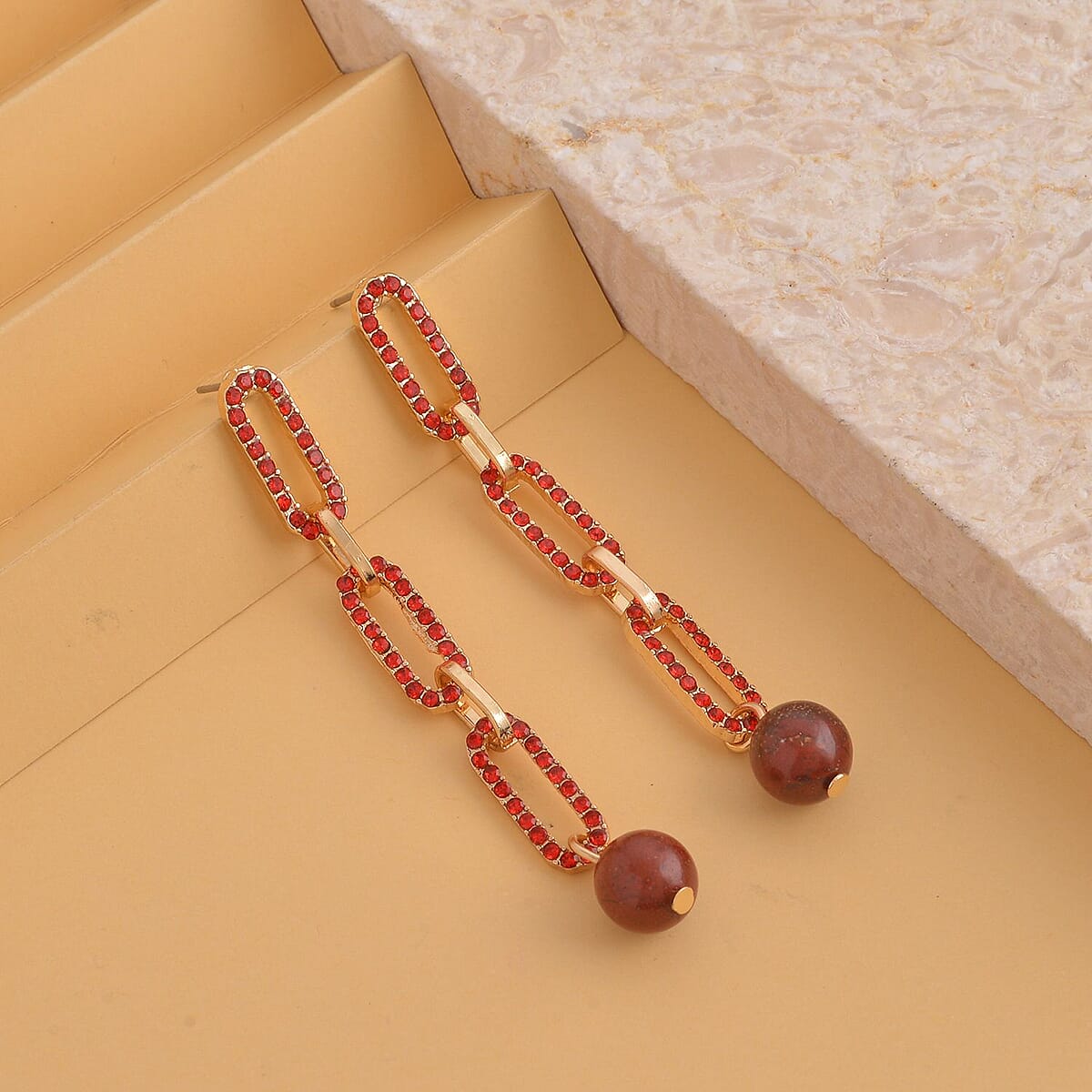 Red Jasper and Red Austrian Crystal Paper Clip Earrings in Goldtone 6.00 ctw image number 1