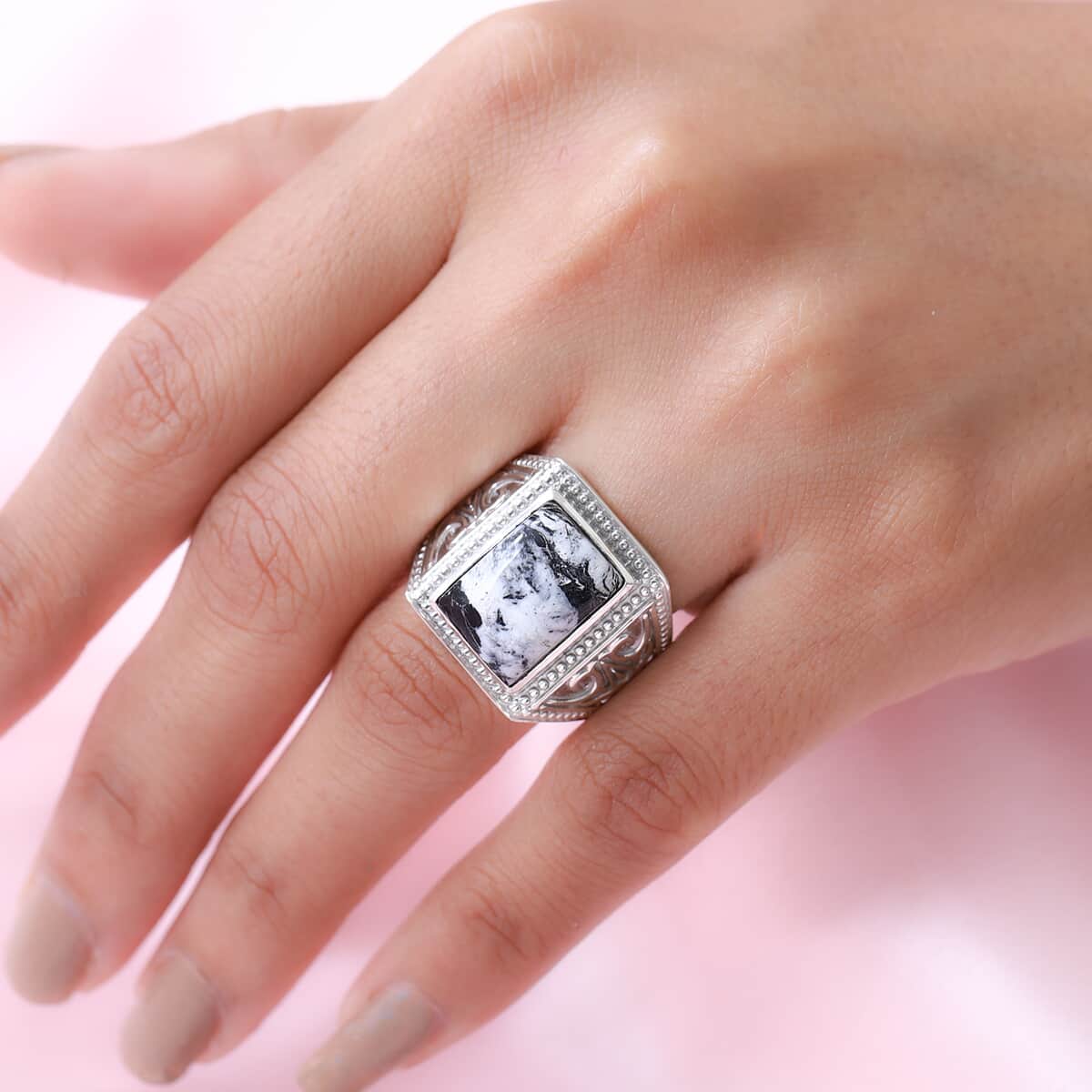 American Natural White Buffalo Men's Ring in Platinum Over Sterling Silver 8 Grams 7.50 ctw image number 2