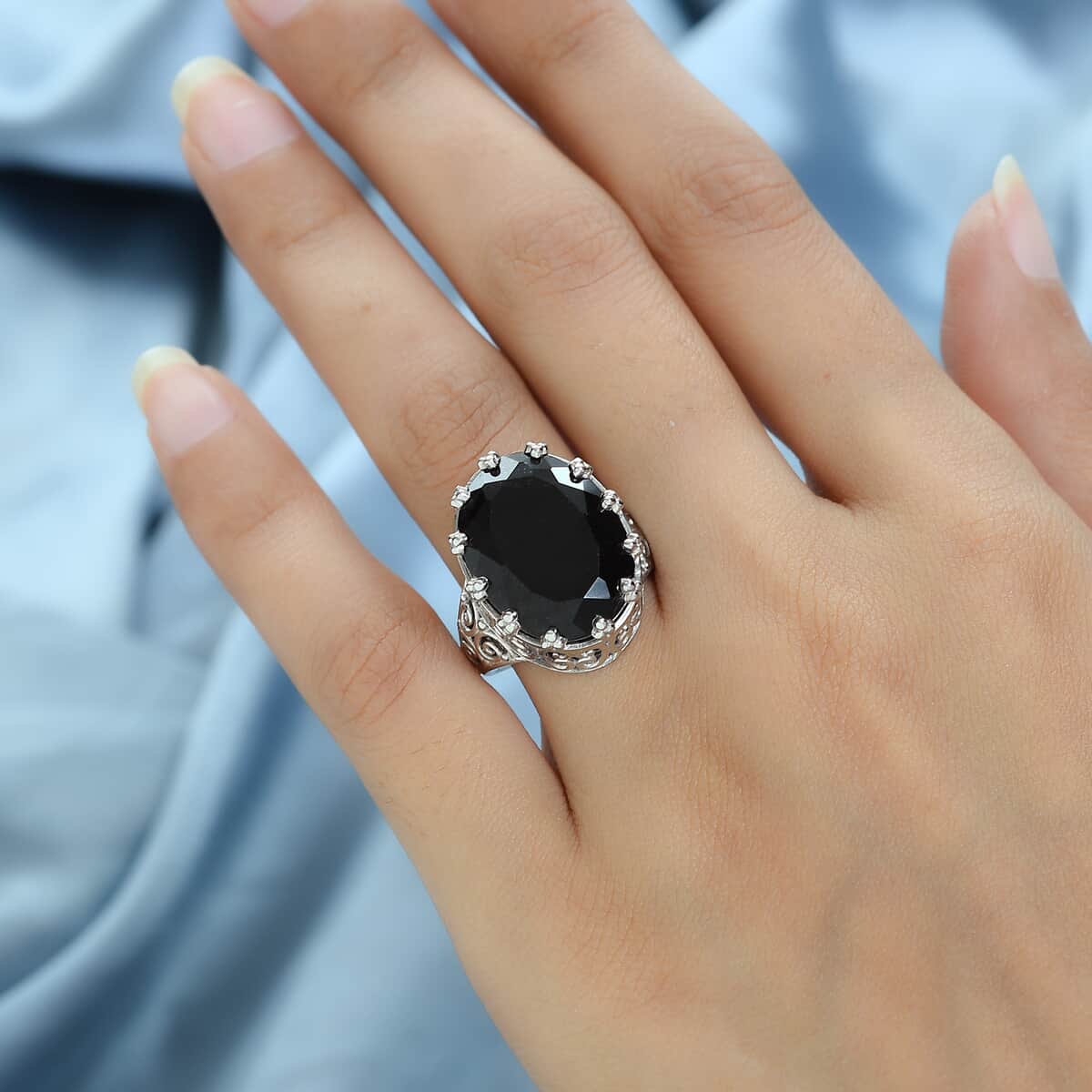 Australian Black Tourmaline Solitaire Ring in Platinum Over Sterling Silver 7.80 Grams 20.50 ctw image number 2