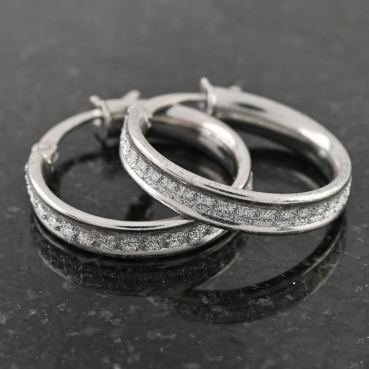 Rhodium Over Sterling Silver Stardust Hoop Earrings 2.40 Grams image number 1