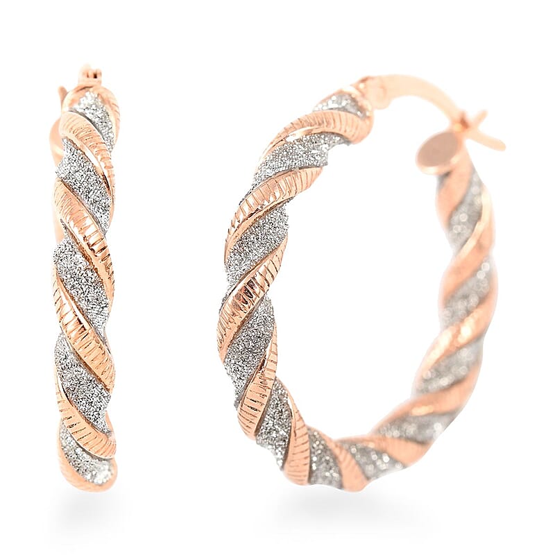 14K Rose Gold Over Sterling Silver Twisted Stardust Hoop Earrings 3.30 Grams