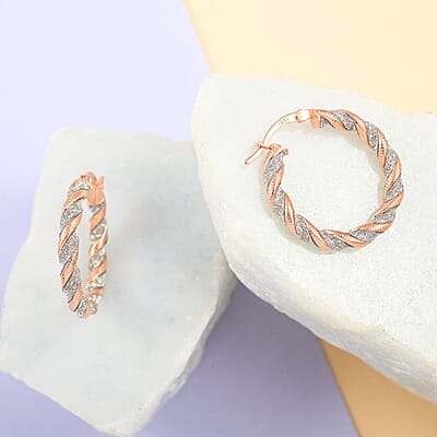 14K Rose Gold Over Sterling Silver Twisted Stardust Hoop Earrings 3.30 Grams