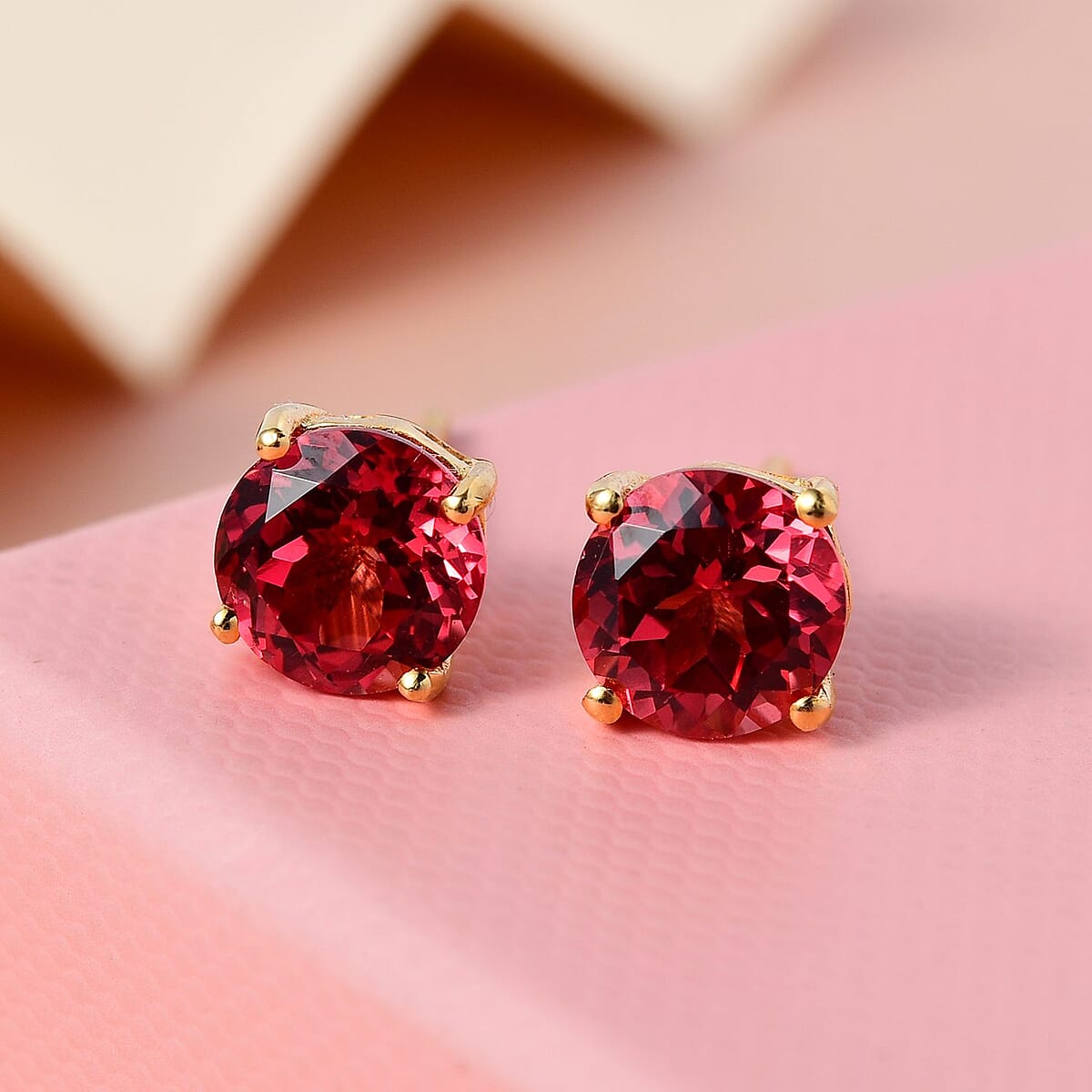 Lab Created Padparadscha Sapphire Solitaire Stud Earrings in Vermeil Yellow Gold Over Sterling Silver 3.85 ctw image number 1