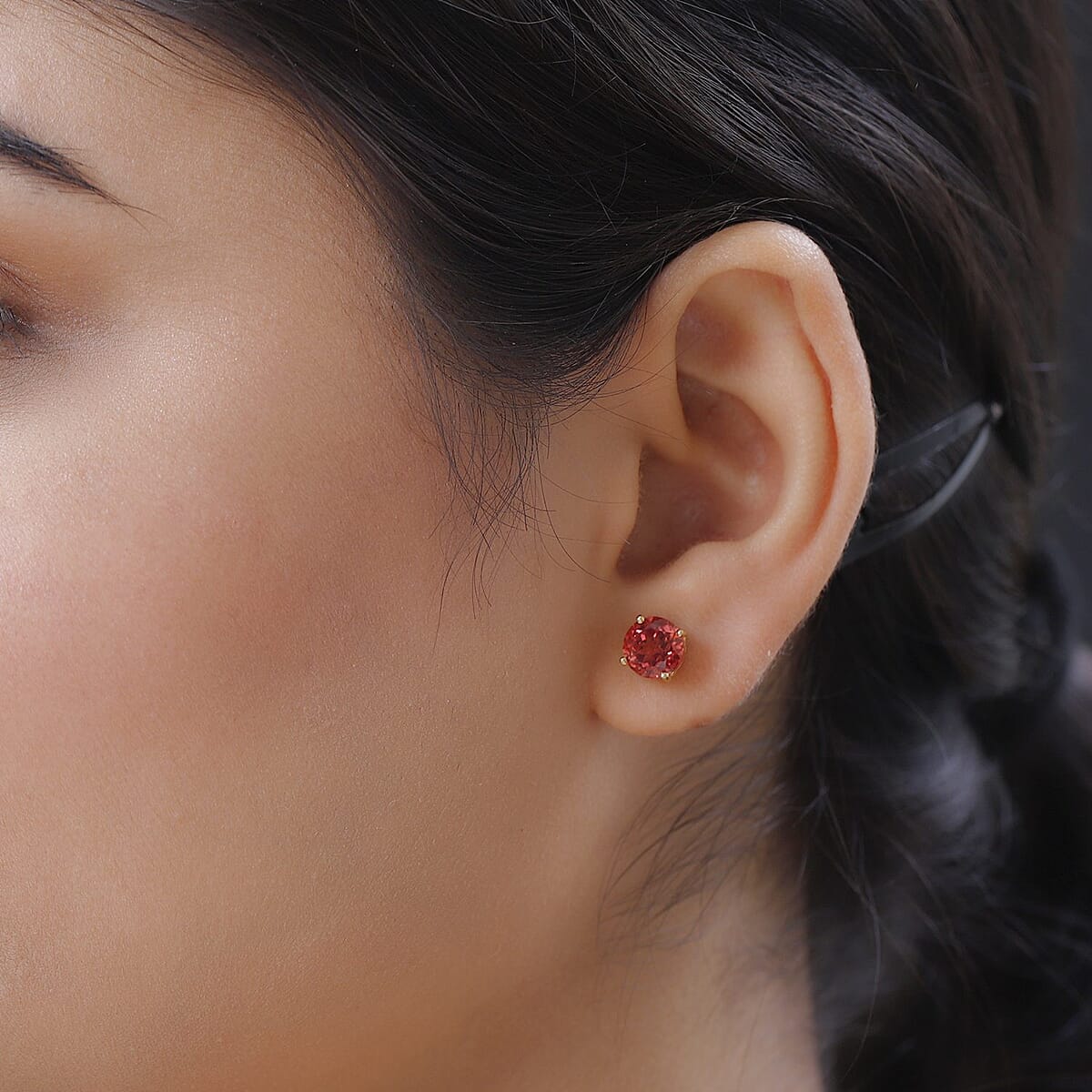 Lab Created Padparadscha Sapphire Solitaire Stud Earrings in Vermeil Yellow Gold Over Sterling Silver 3.85 ctw image number 2