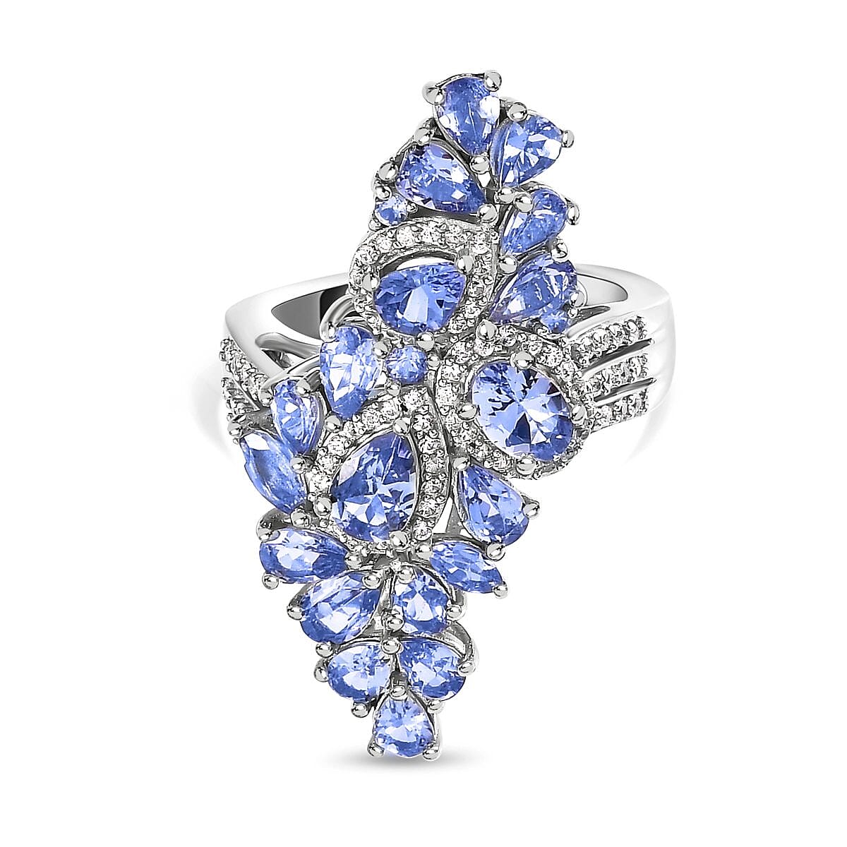 Tanzanite and White Zircon 5.08 ctw Ring in Platinum Over Sterling Silver (Size 6.5)