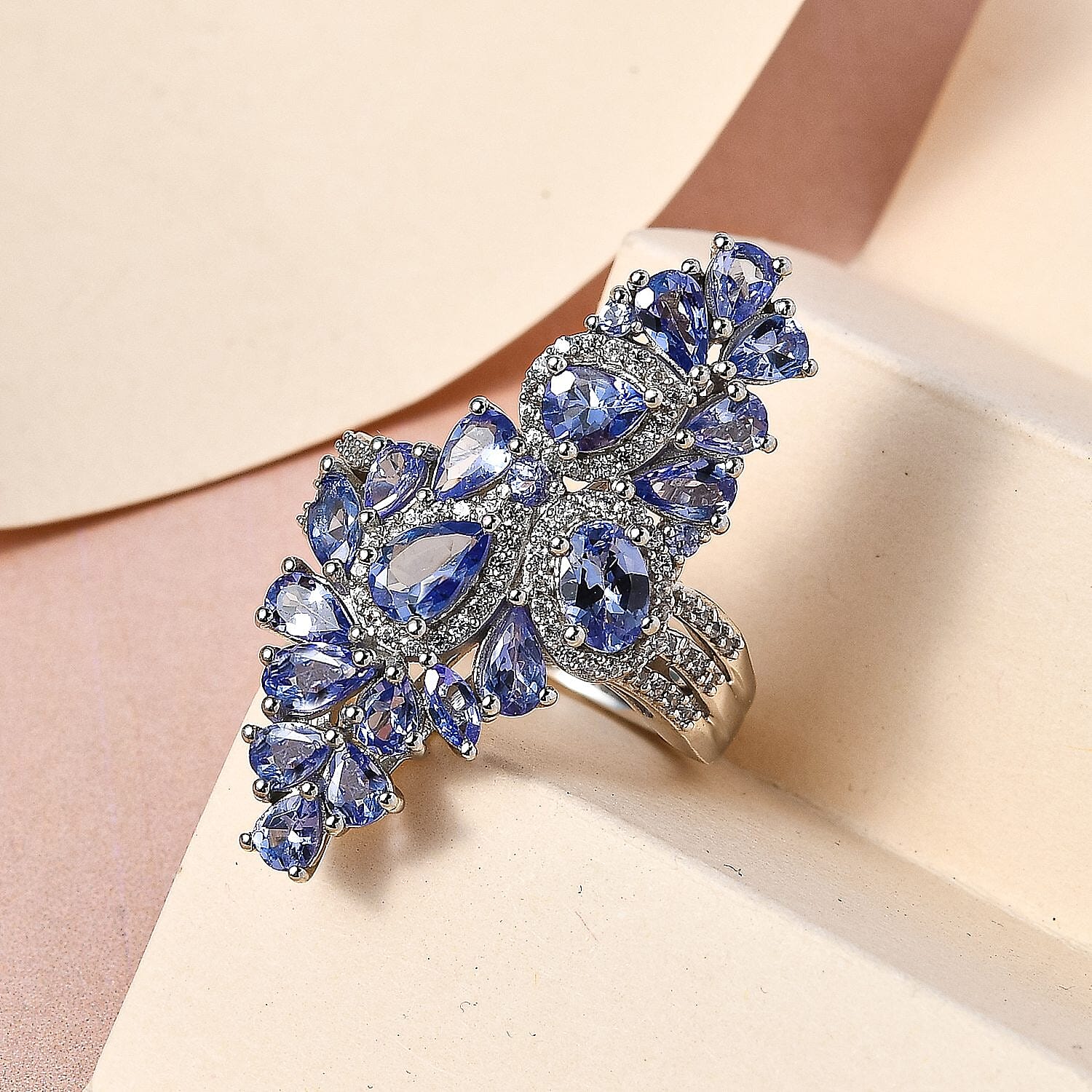 Tanzanite and White Zircon 5.08 ctw Ring in Platinum Over Sterling Silver (Size 6.5)