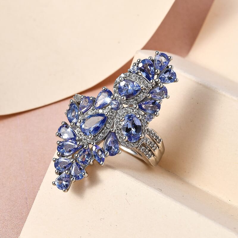 Tanzanite and White Zircon 5.08 ctw Ring in Platinum Over Sterling Silver (Size 6.5)