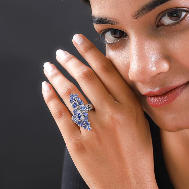 Tanzanite and White Zircon 5.08 ctw Ring in Platinum Over Sterling Silver (Size 6.5)