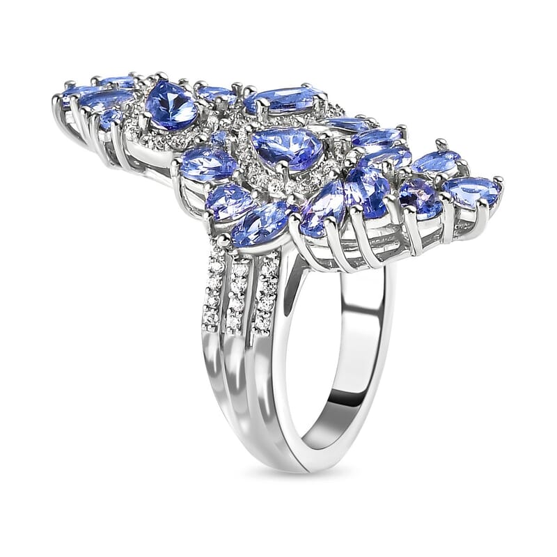 Tanzanite and White Zircon 5.08 ctw Ring in Platinum Over Sterling Silver (Size 6.5)