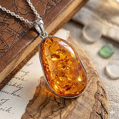 Baltic Amber Pendant without Chain in Platinum Over Sterling Silver