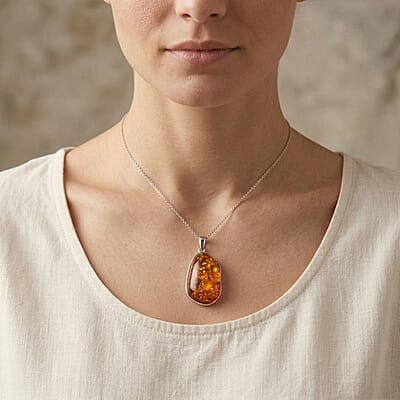 Baltic Amber Pendant without Chain in Platinum Over Sterling Silver