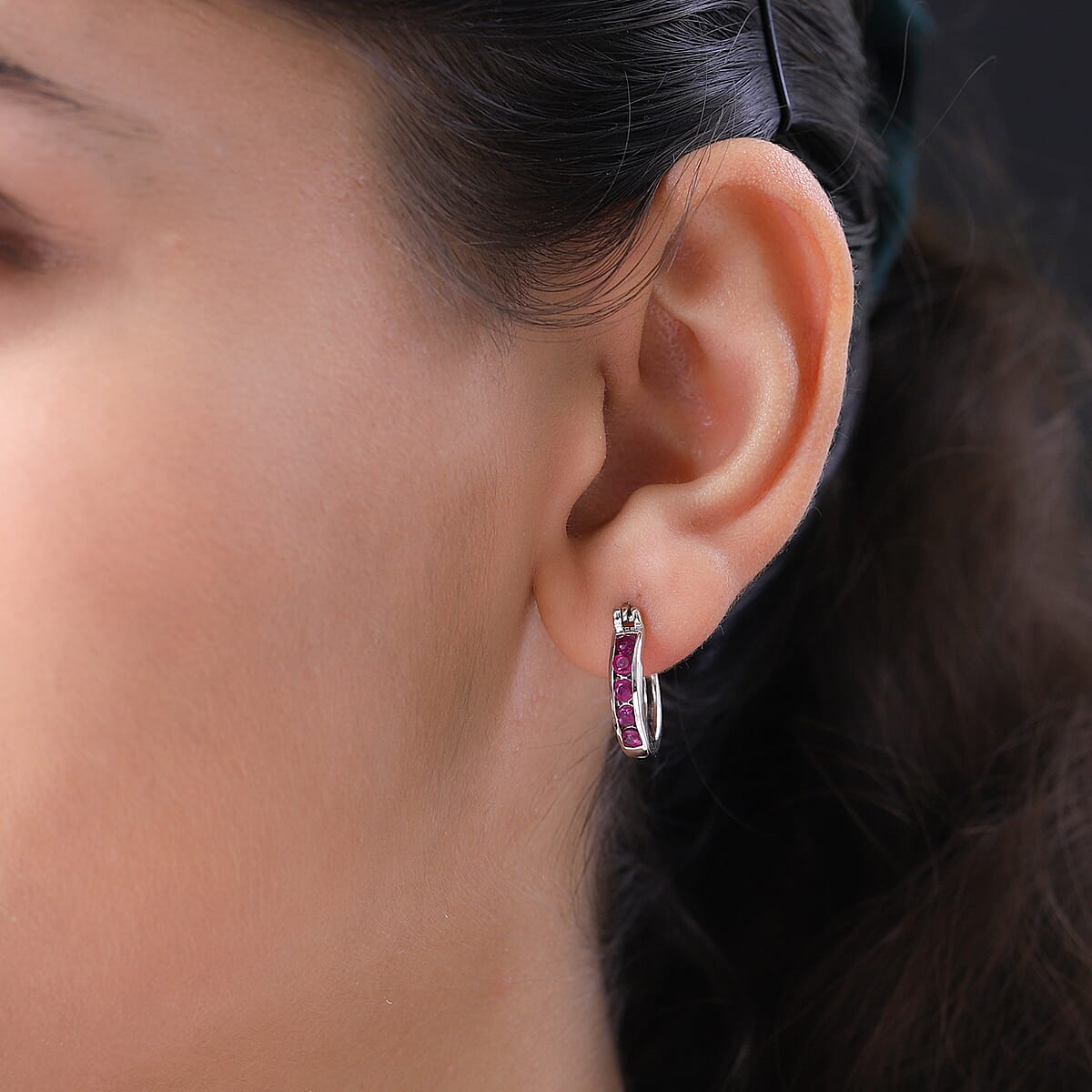 Premium Montepuez Ruby Hoop Earrings in Platinum Over Sterling Silver 0.85 ctw image number 2