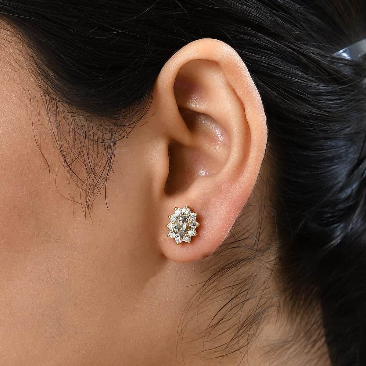 TLV AAA Turkizite, Moissanite Sunburst Stud Earrings in Vermeil YG Over Sterling Silver 1.70 ctw image number 2