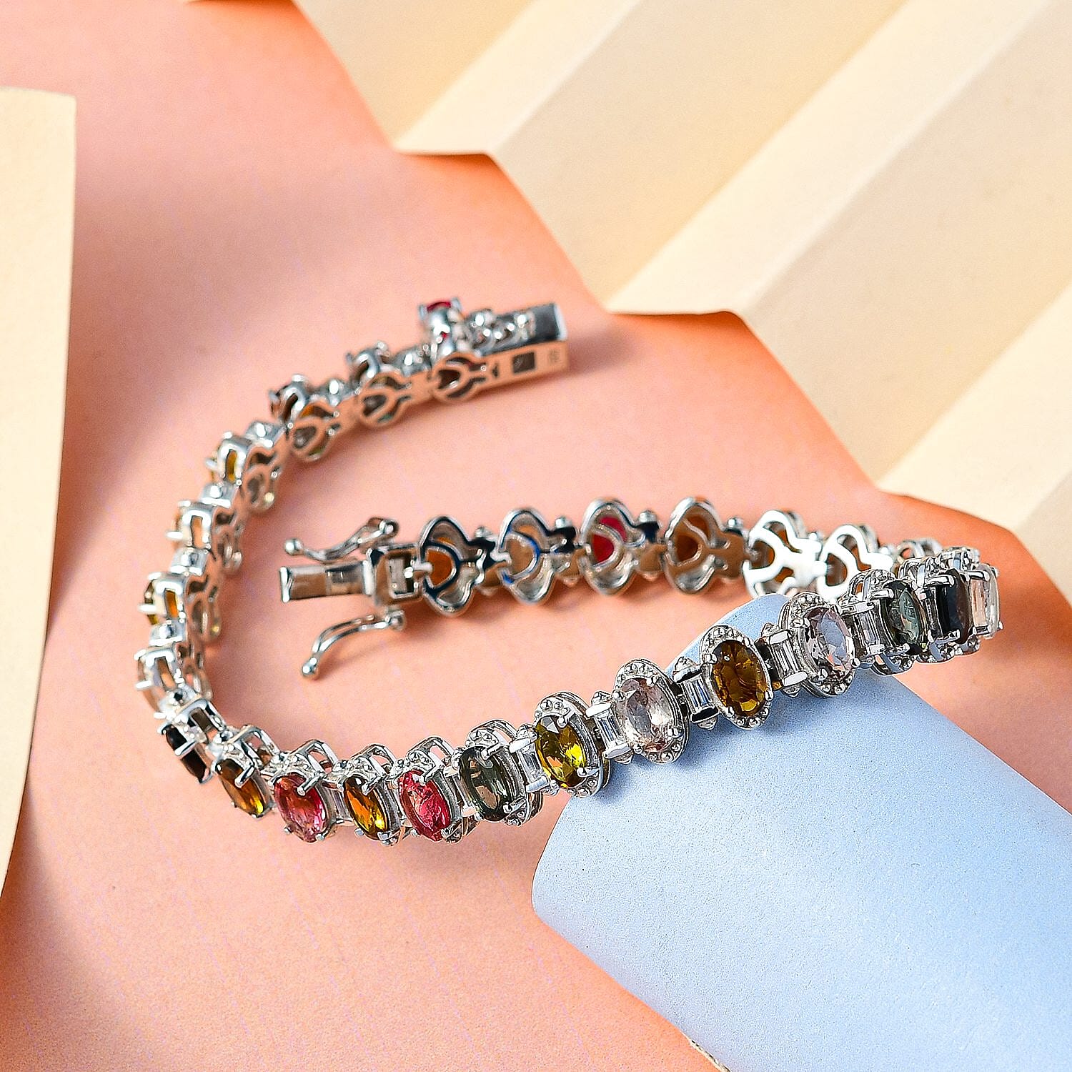Multi Tourmaline and White Zircon 17.98 ctw Bracelet in Platinum Over Sterling Silver (8.0 In)