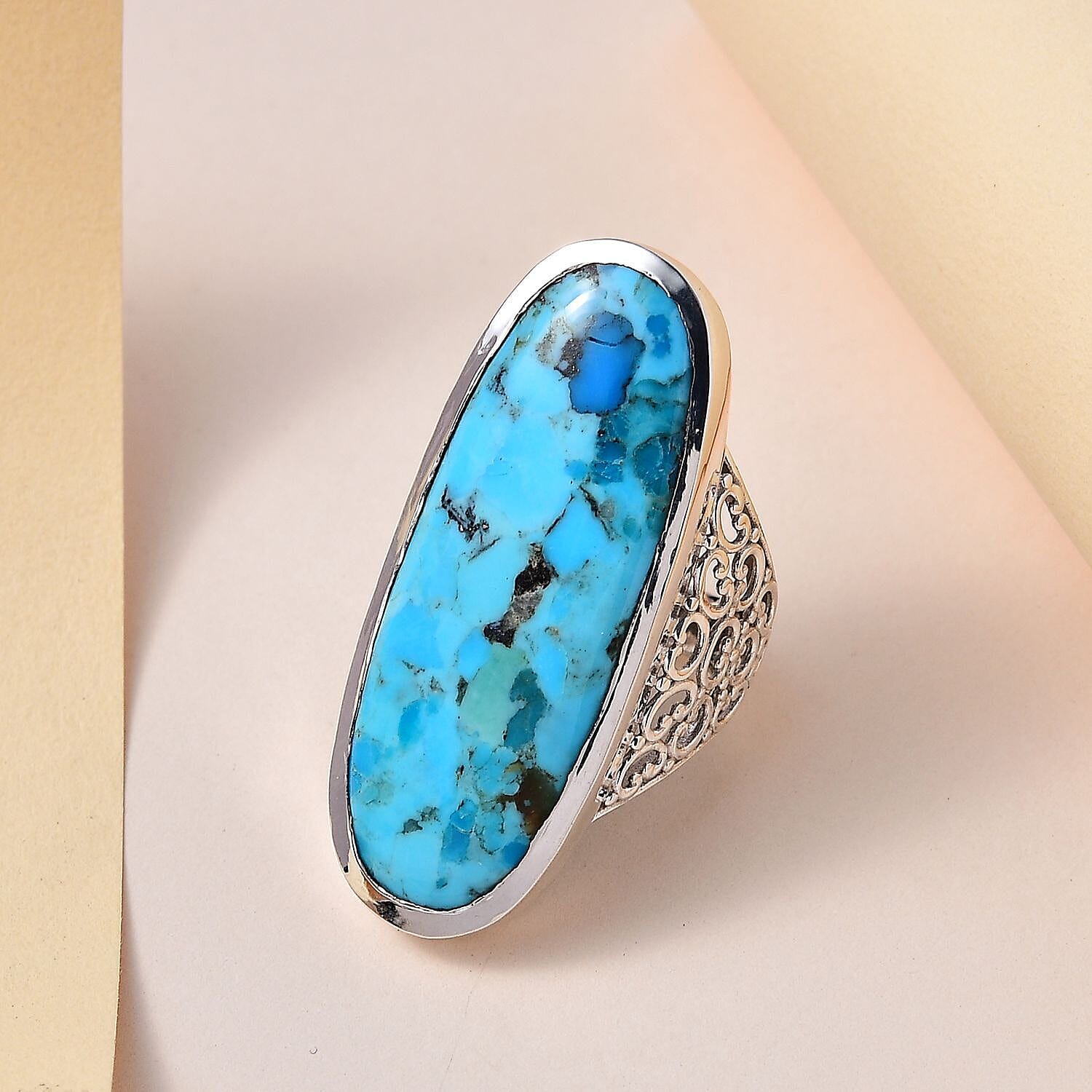 Freshened Turquoise Filigree Floral Band Cocktail Ring Ring in Platinum Over Sterling Silver (Size 10.0) 22.15 ctw