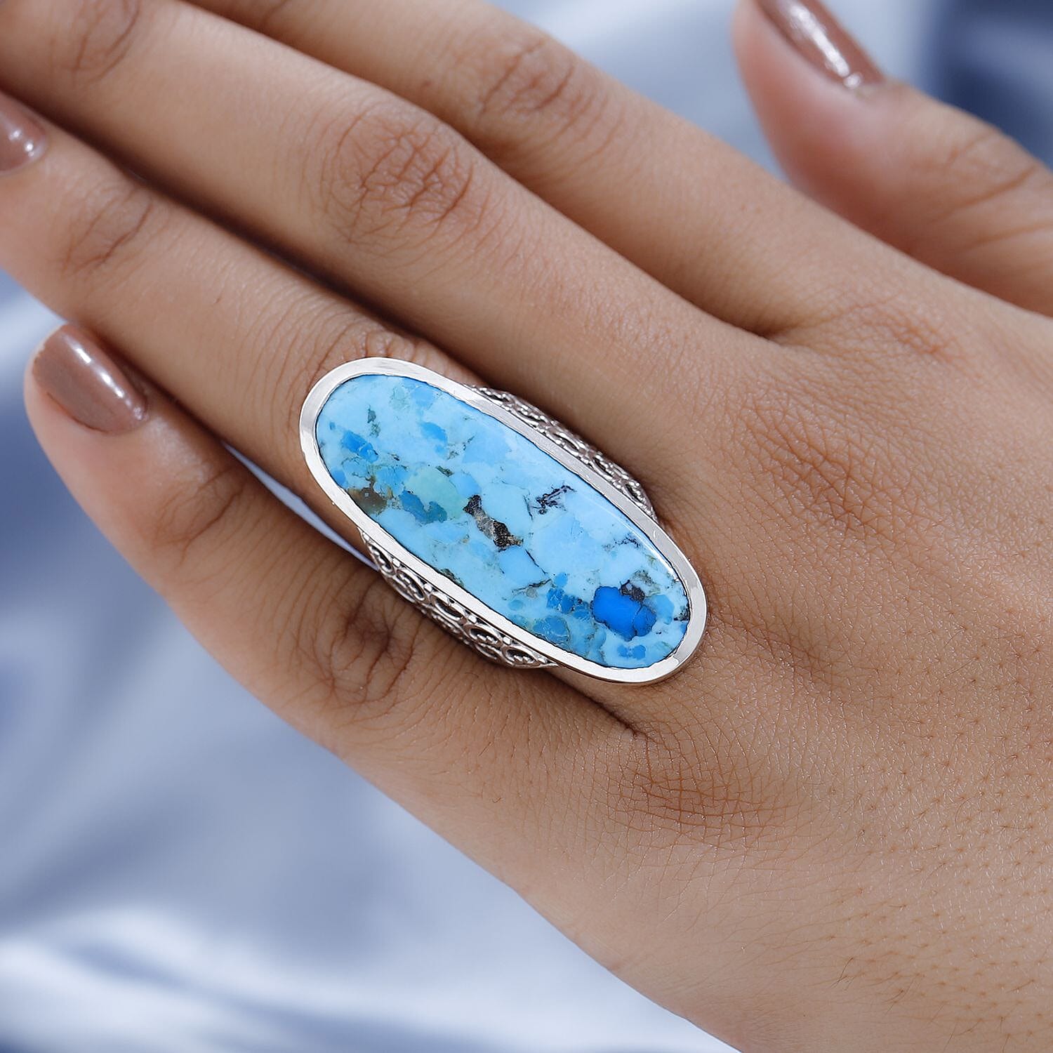 Freshened Turquoise Filigree Floral Band Cocktail Ring Ring in Platinum Over Sterling Silver (Size 10.0) 22.15 ctw