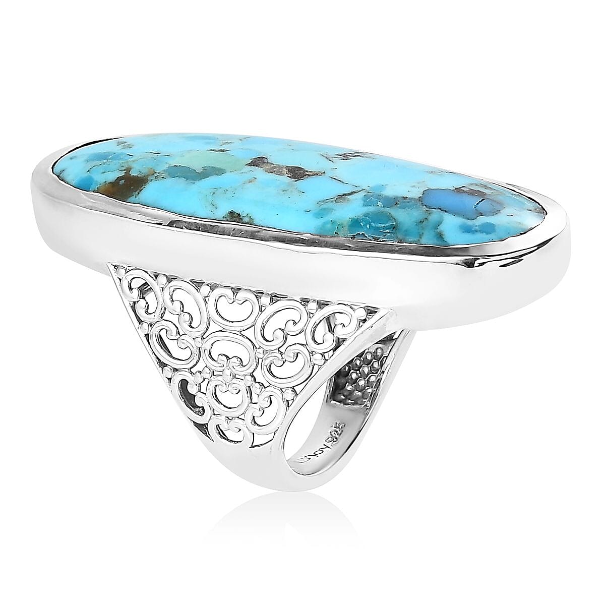 Freshened Turquoise Filigree Floral Band Cocktail Ring Ring in Platinum Over Sterling Silver (Size 10.0) 22.15 ctw