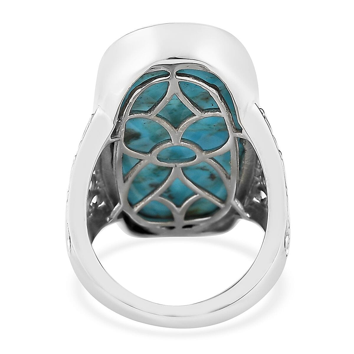 Freshened Turquoise Filigree Floral Band Cocktail Ring Ring in Platinum Over Sterling Silver (Size 10.0) 22.15 ctw