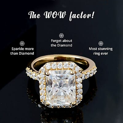 Radiant Cut Moissanite 4.75 ctw Halo Ring in Vermeil Yellow Gold Over Sterling Silver (Size  10.0)