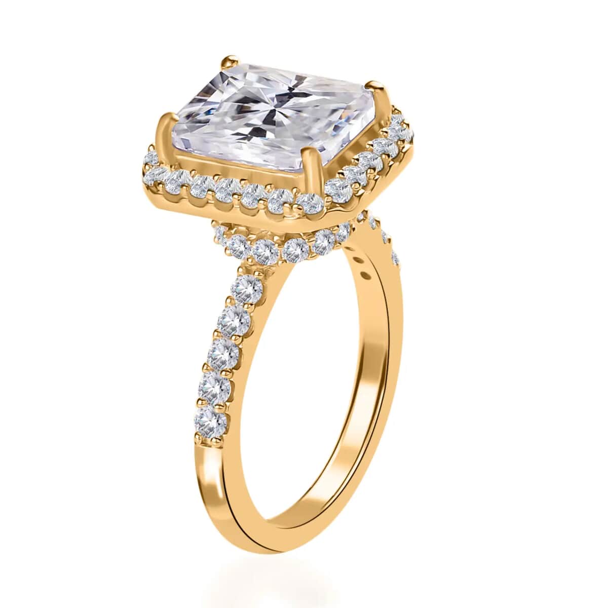 Radiant Cut Moissanite 4.75 ctw Halo Ring in Vermeil Yellow Gold Over Sterling Silver (Size  11.0) image number 4