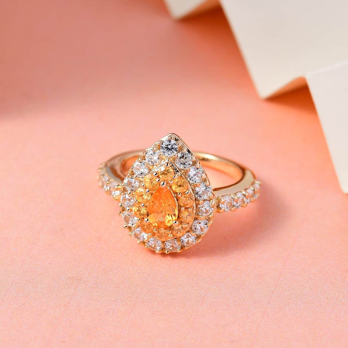 Premium Viceroy Spessartine Garnet and Natural White Zircon Halo Ring in Vermeil Yellow Gold Over Sterling Silver (Size 10.0) 2.50 ctw image number 1
