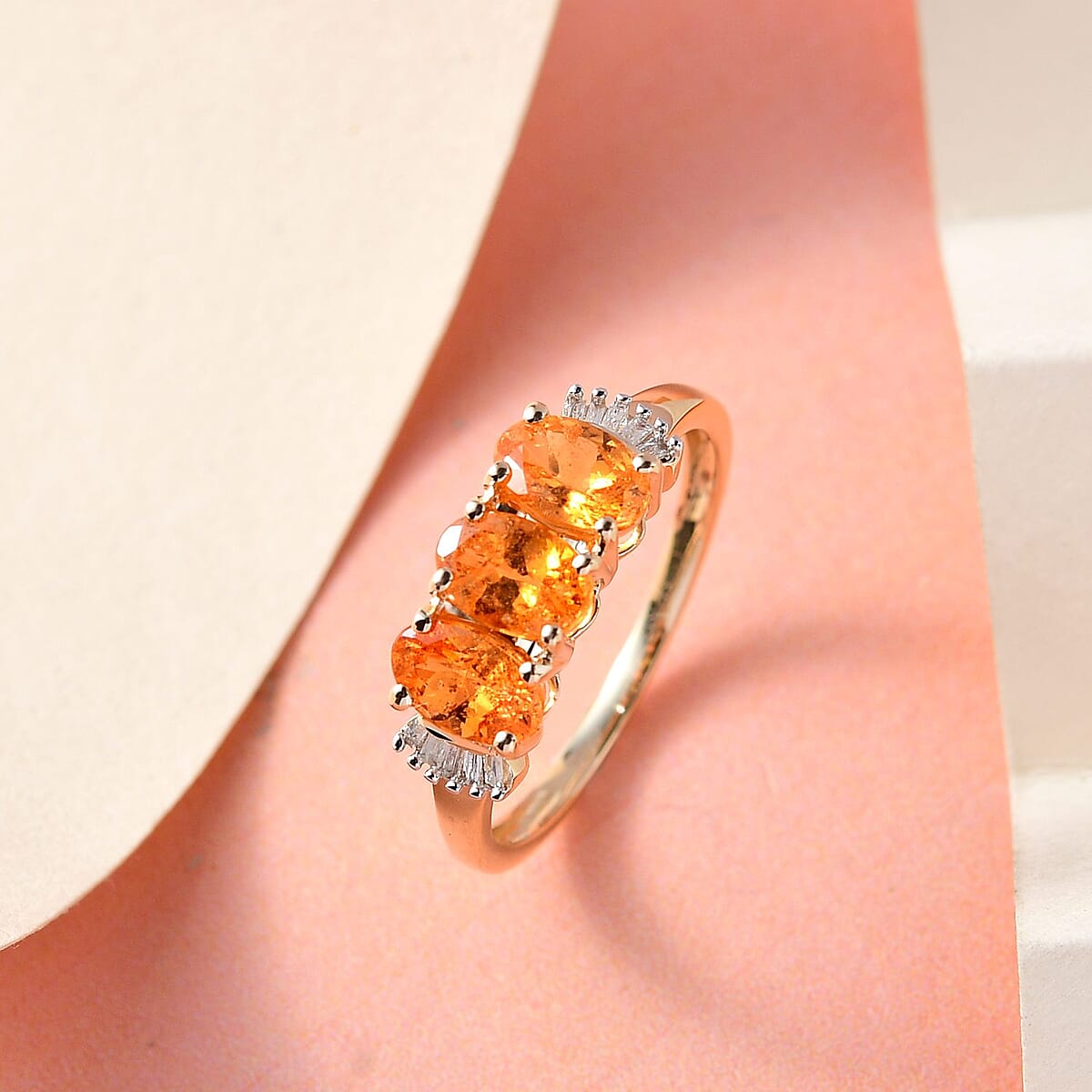 Luxoro 10K Yellow Gold Premium Viceroy Spessartine Garnet and Diamond 3 Stone Ring (Size 6.0) 1.90 ctw image number 1