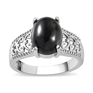 Indian Black Star Diopside Solitaire Ring in Stainless Steel (Size 8.0) 3.65 ctw
