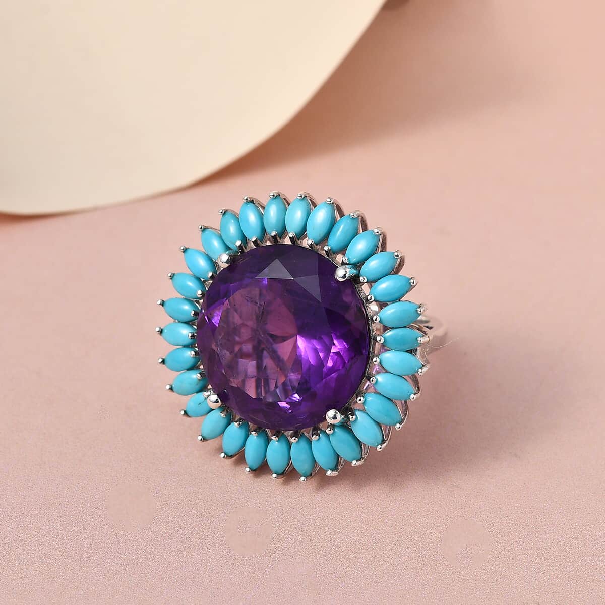 Premium Amethyst and Sleeping Beauty Turquoise Halo Ring in Platinum Over Sterling Silver (Size 10.0) 9 Grams 32.65 ctw image number 1