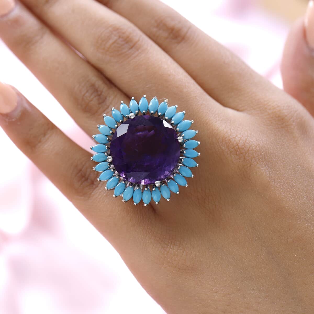 Premium Amethyst and Sleeping Beauty Turquoise Halo Ring in Platinum Over Sterling Silver (Size 10.0) 9 Grams 32.65 ctw image number 2
