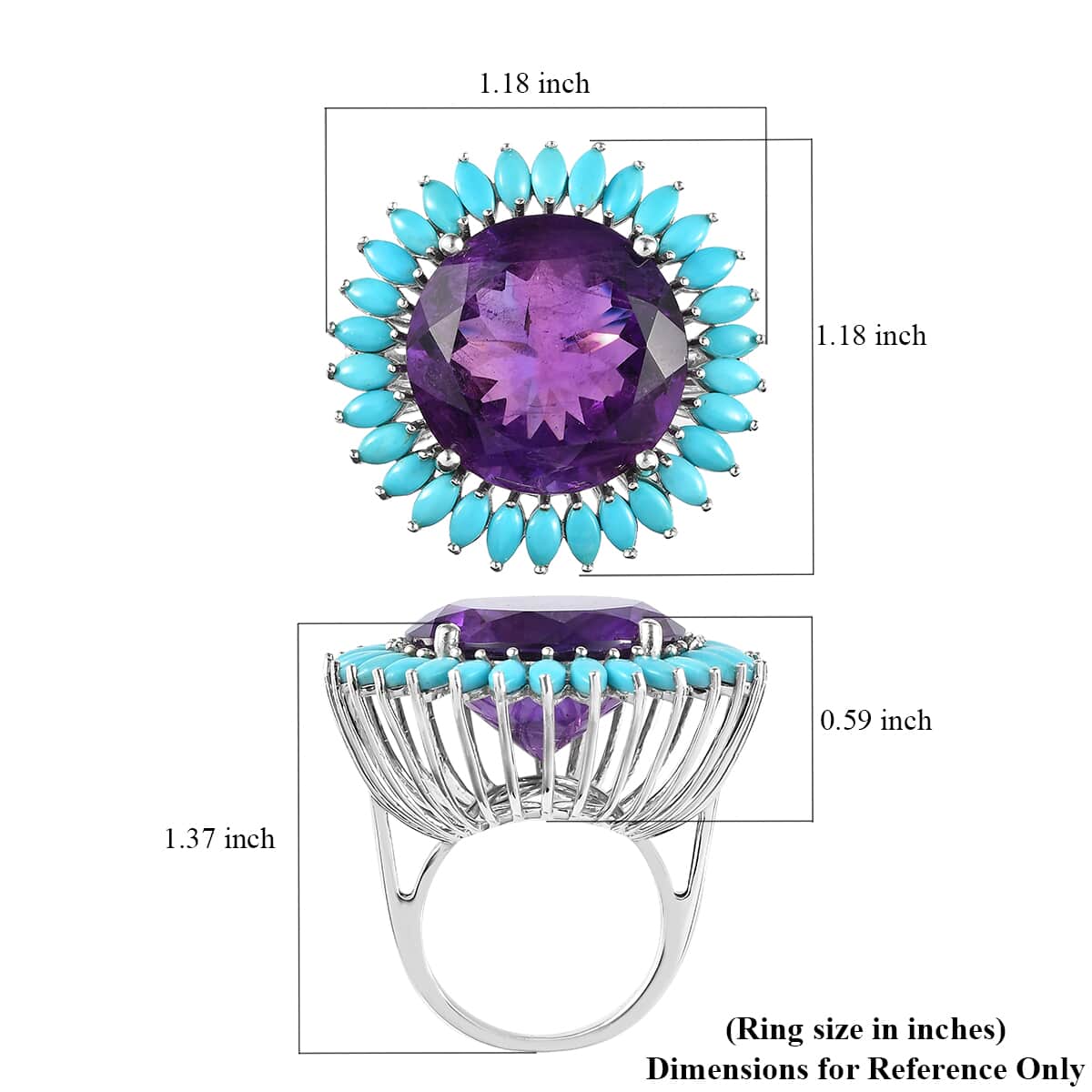 Premium Amethyst and Sleeping Beauty Turquoise Halo Ring in Platinum Over Sterling Silver (Size 10.0) 9 Grams 32.65 ctw image number 5