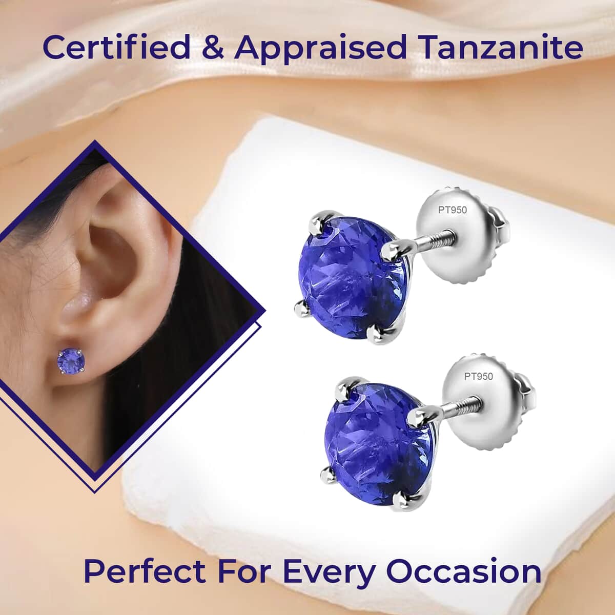Rhapsody 950 Platinum AAAA Tanzanite Solitaire Stud Earrings, Solitaire Stud, Tanzanite Earrings, Tanzanite Studs, Platinum Earrings 2.85 ctw image number 3