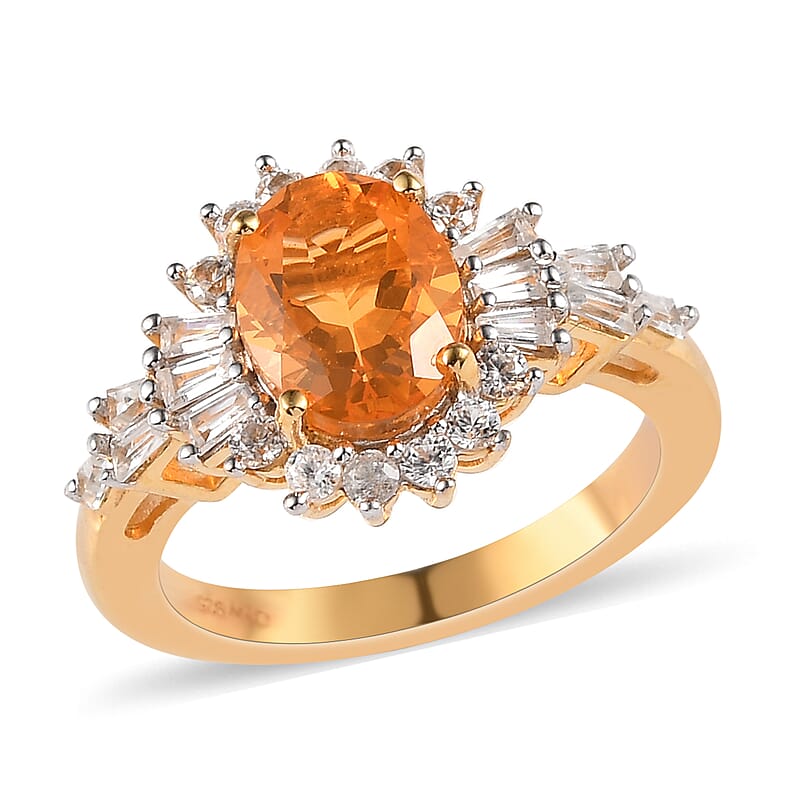 Jalisco Fire Opal and Natural White Zircon Floral Ring in Vermeil Yellow Gold Over Sterling Silver (Size 10.0) 2.20 ctw