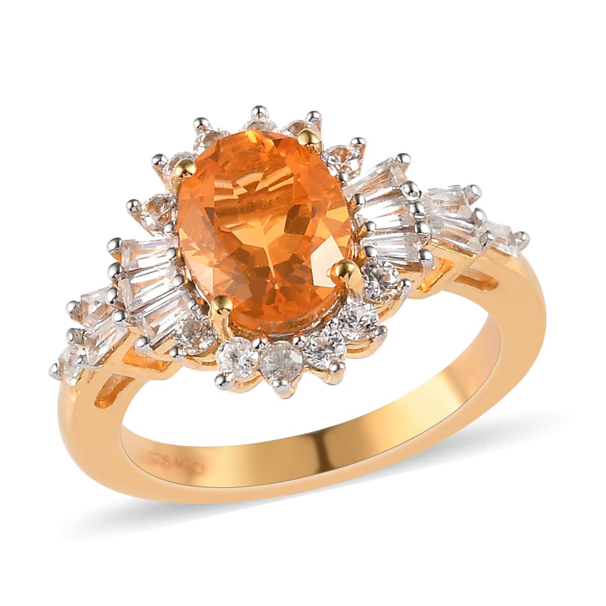Jalisco Fire Opal and Natural White Zircon Floral Ring in Vermeil Yellow Gold Over Sterling Silver 2.20 ctw image number 0