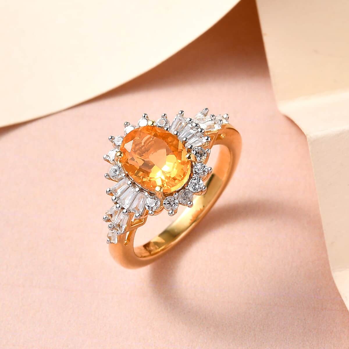 Jalisco Fire Opal and Natural White Zircon Floral Ring in Vermeil Yellow Gold Over Sterling Silver 2.20 ctw image number 1