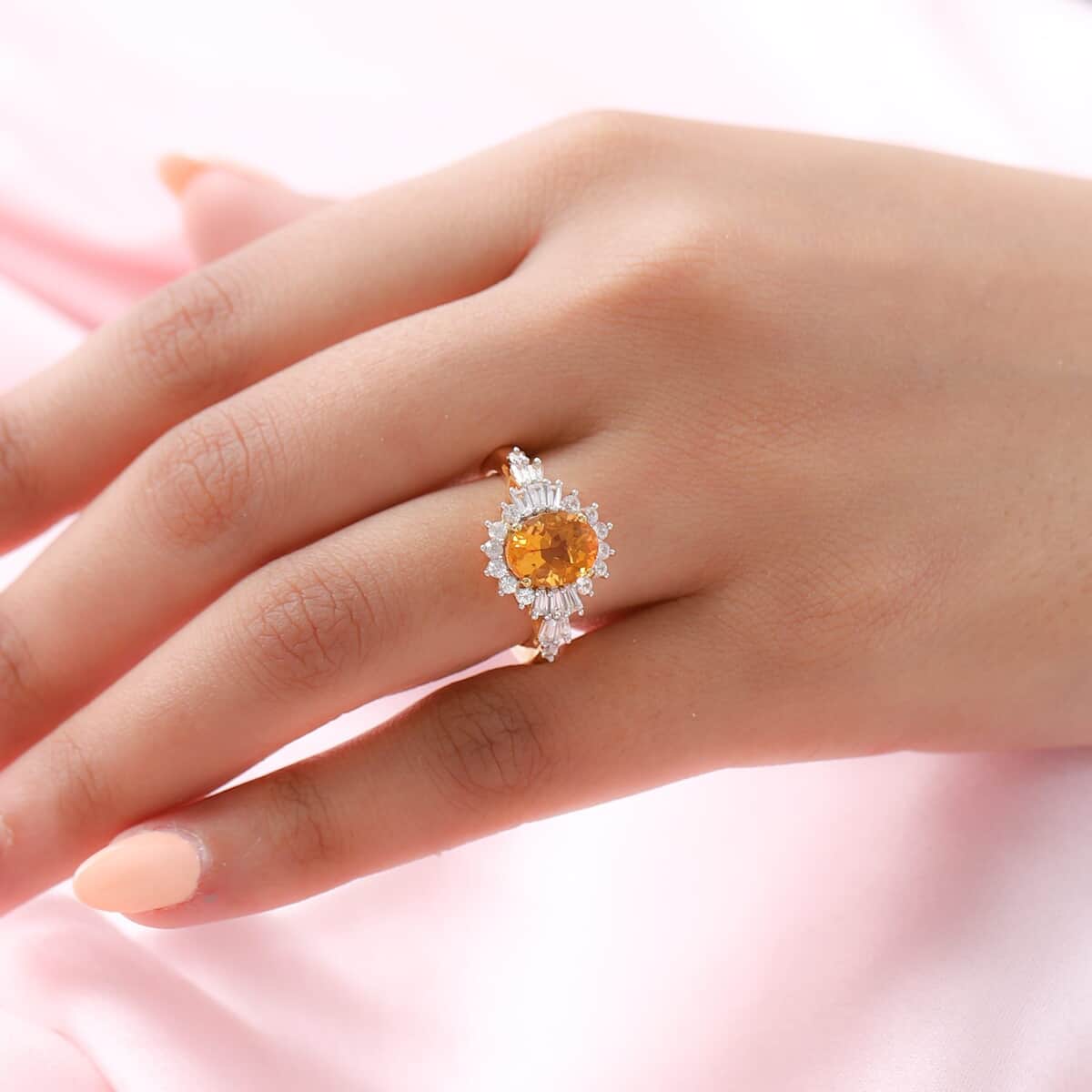 Jalisco Fire Opal and Natural White Zircon Floral Ring in Vermeil Yellow Gold Over Sterling Silver 2.20 ctw image number 2