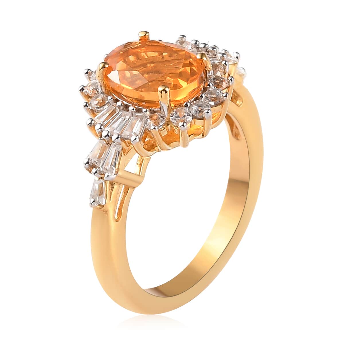 Jalisco Fire Opal and Natural White Zircon Floral Ring in Vermeil Yellow Gold Over Sterling Silver (Size 10.0) 2.20 ctw image number 3