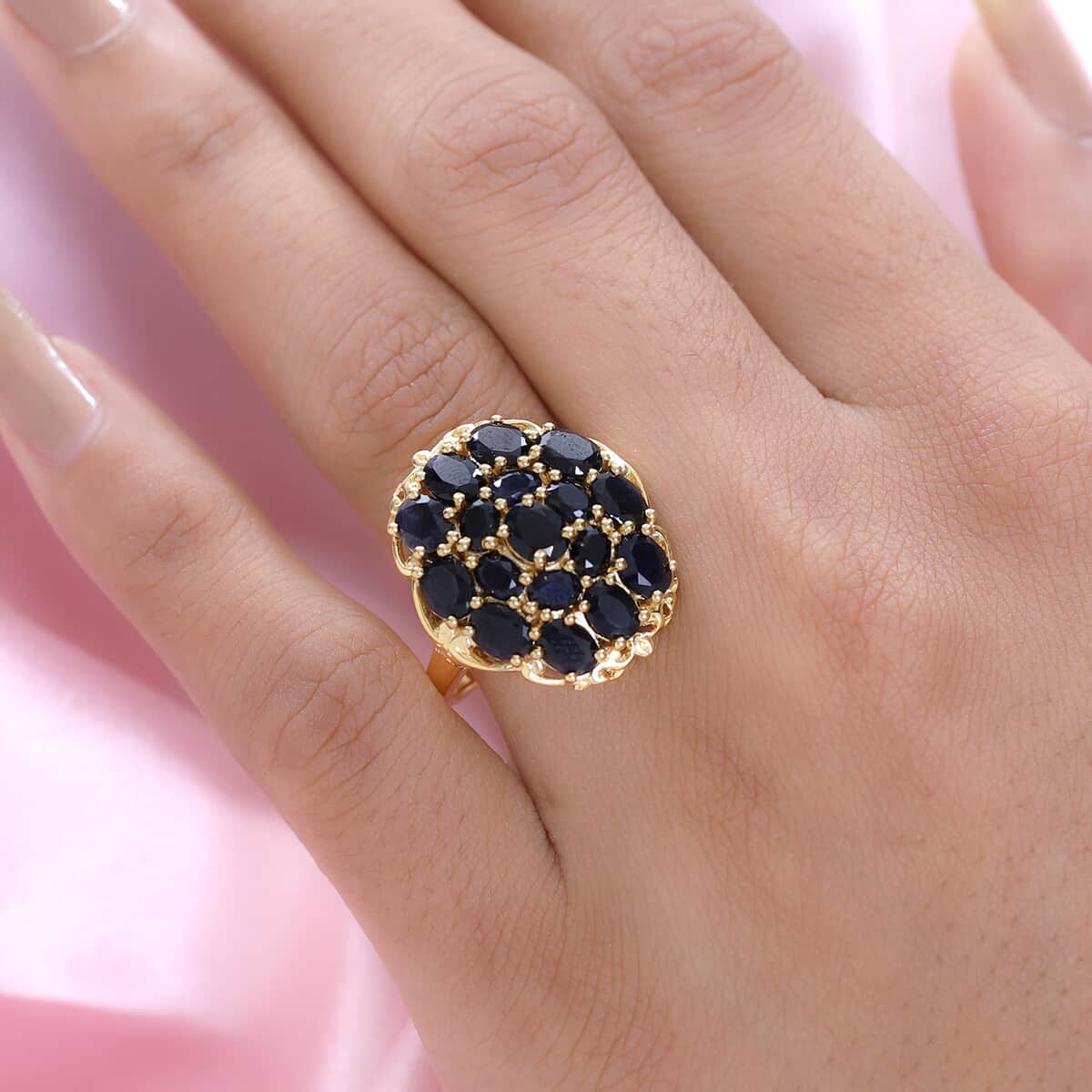 Australian Black Sapphire Cluster Ring in Vermeil Yellow Gold Over Sterling Silver 5.50 ctw image number 2