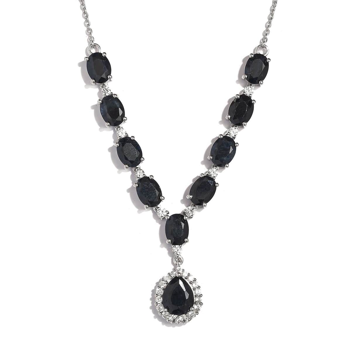 Australian Midnight Sapphire and White Zircon Necklace 18 Inches in Platinum Over Sterling Silver 20.30 ctw image number 0