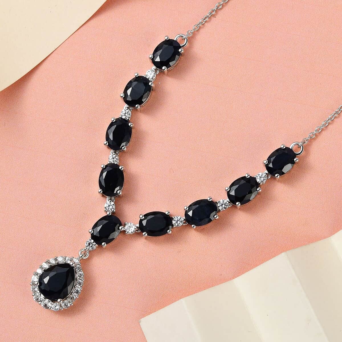 Australian Midnight Sapphire and White Zircon Necklace 18 Inches in Platinum Over Sterling Silver 20.30 ctw image number 1
