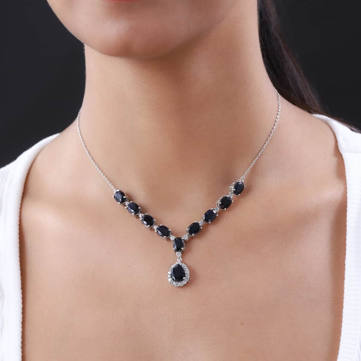 Australian Midnight Sapphire and White Zircon Necklace 18 Inches in Platinum Over Sterling Silver 20.30 ctw image number 2