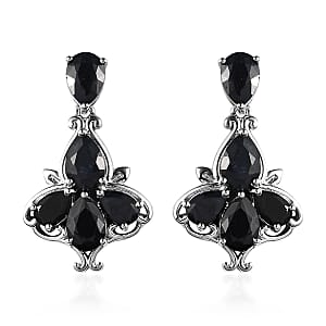 Australian Midnight Sapphire Dangling Earrings in Platinum Over Sterling Silver 8.50 ctw