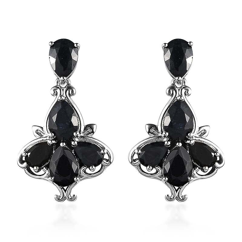 Australian Midnight Sapphire Dangling Earrings in Platinum Over Sterling Silver 8.50 ctw