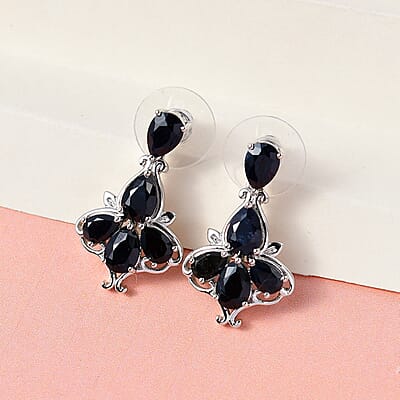 Australian Midnight Sapphire Dangling Earrings in Platinum Over Sterling Silver 8.50 ctw